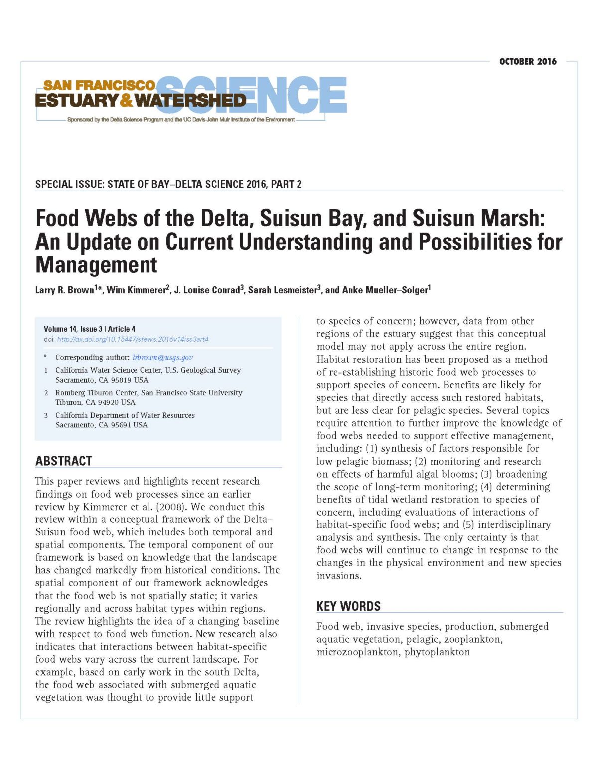 Food Webs of the Delta, Suisun Bay, and Suisun Marsh:  An Update on Current Understanding and Possibilities for Management