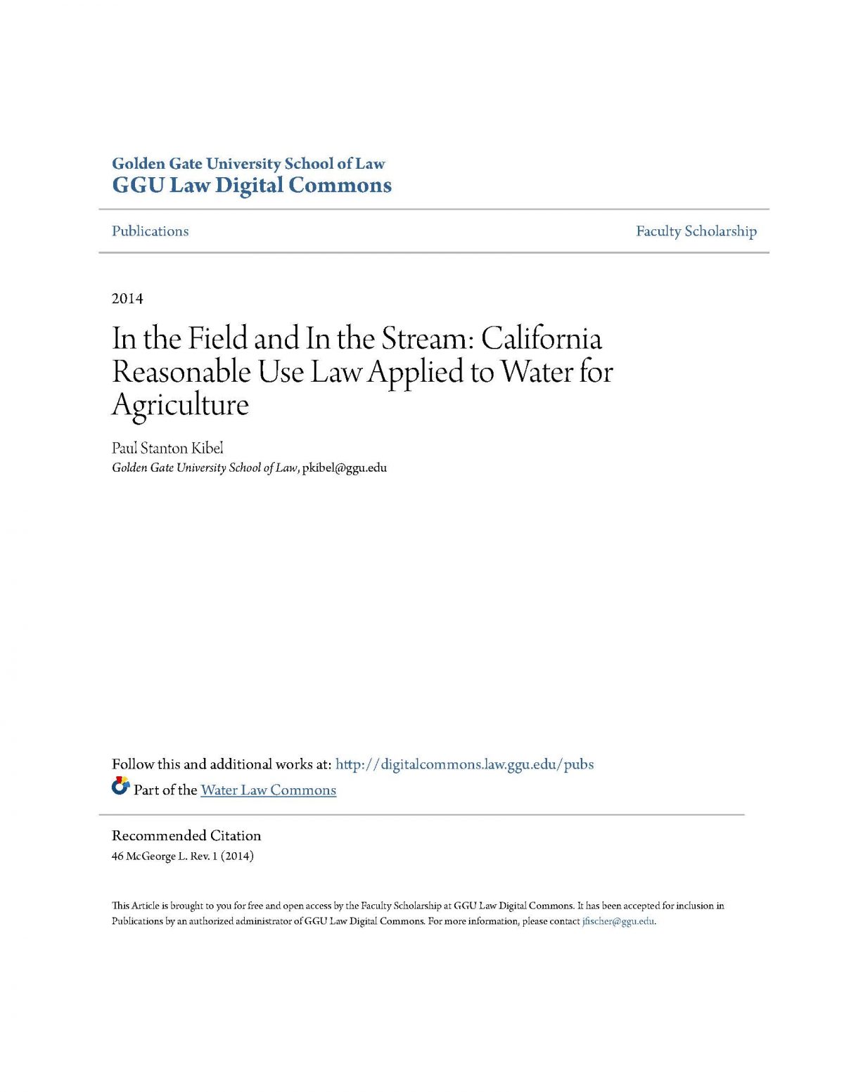 In the Field and In the Stream: California Reasonable Use Law Applied to Water for Agriculture