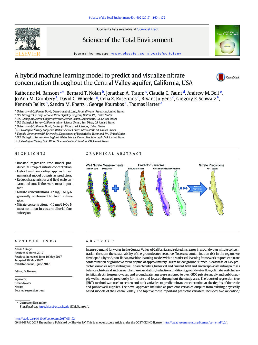 A hybrid machine learning model to predict and visualize nitrate concentration throughout the Central Valley aquifer, California, USA