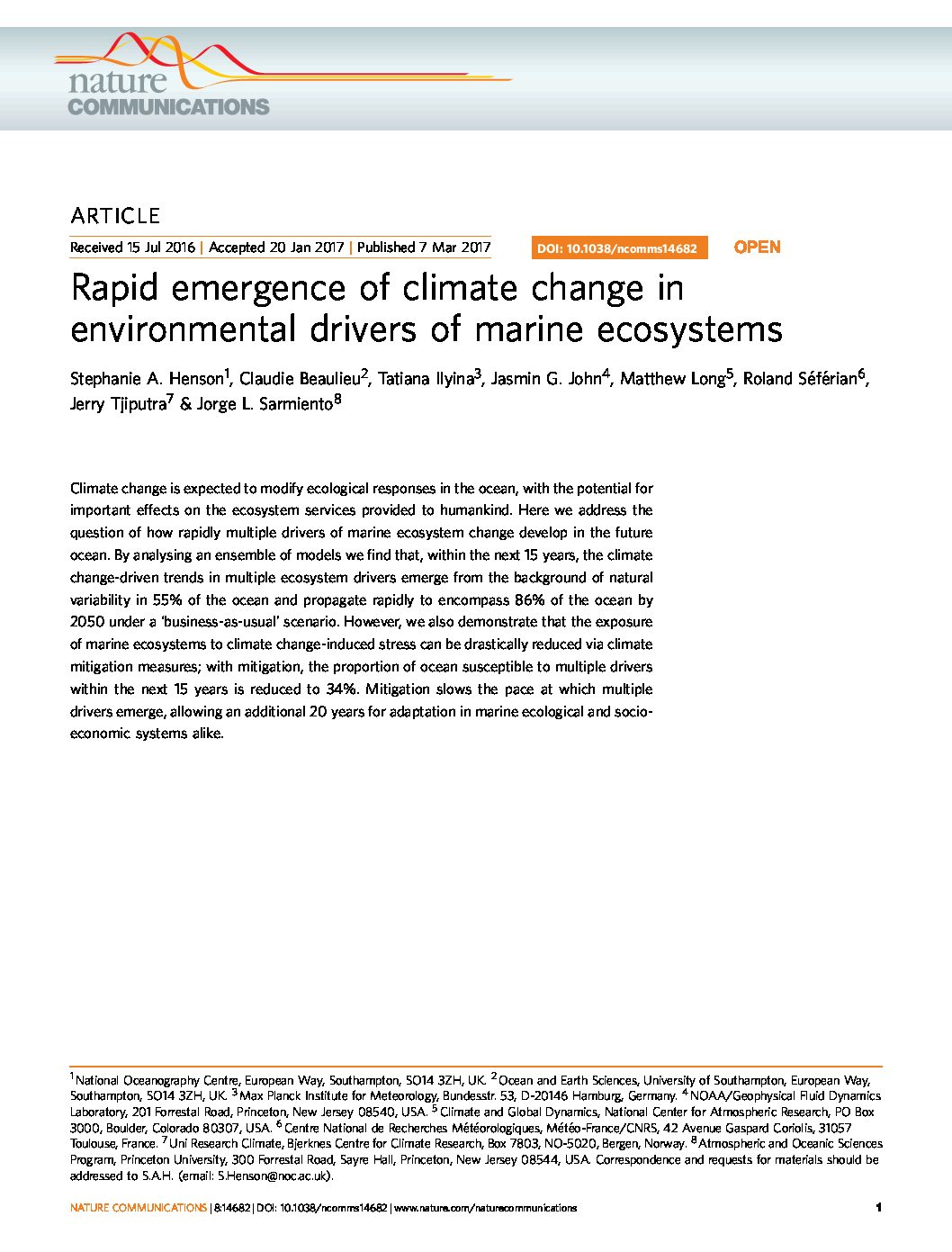 Rapid emergence of climate change in environmental drivers of marine ecosystems