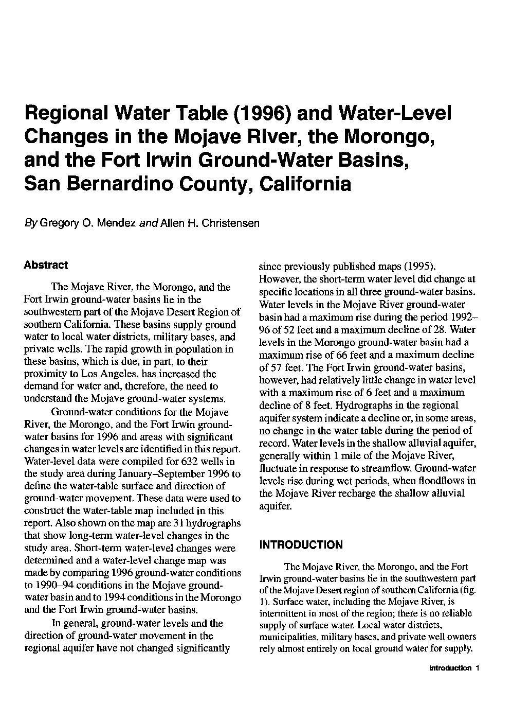 Regional water table (1996) and water-level changes in the Mojave River, Morongo, and Fort Irwin ground-water basins, San Bernardino County