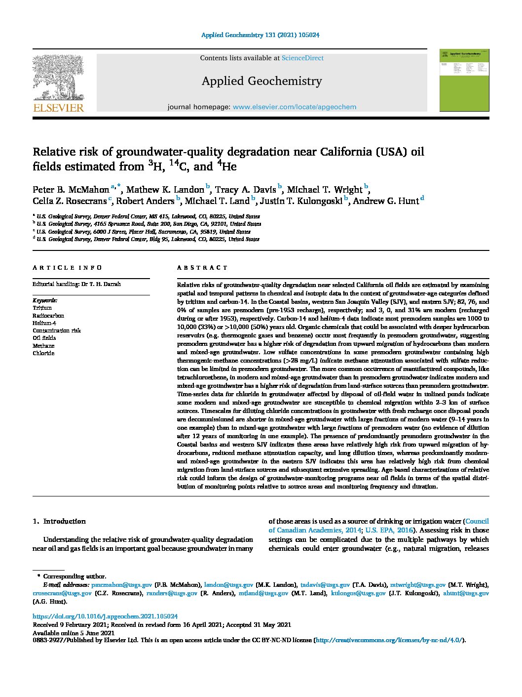 Relative risk of groundwater-quality degradation near California (USA) oil fields estimated from 3H, 14C, and 4He