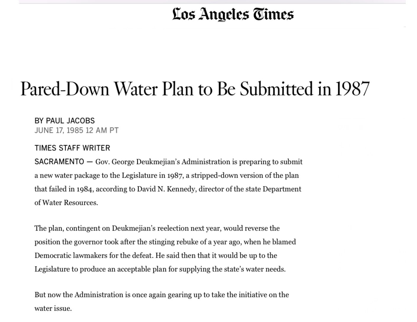 Pared-Down Water Plan to Be Submitted in 1987