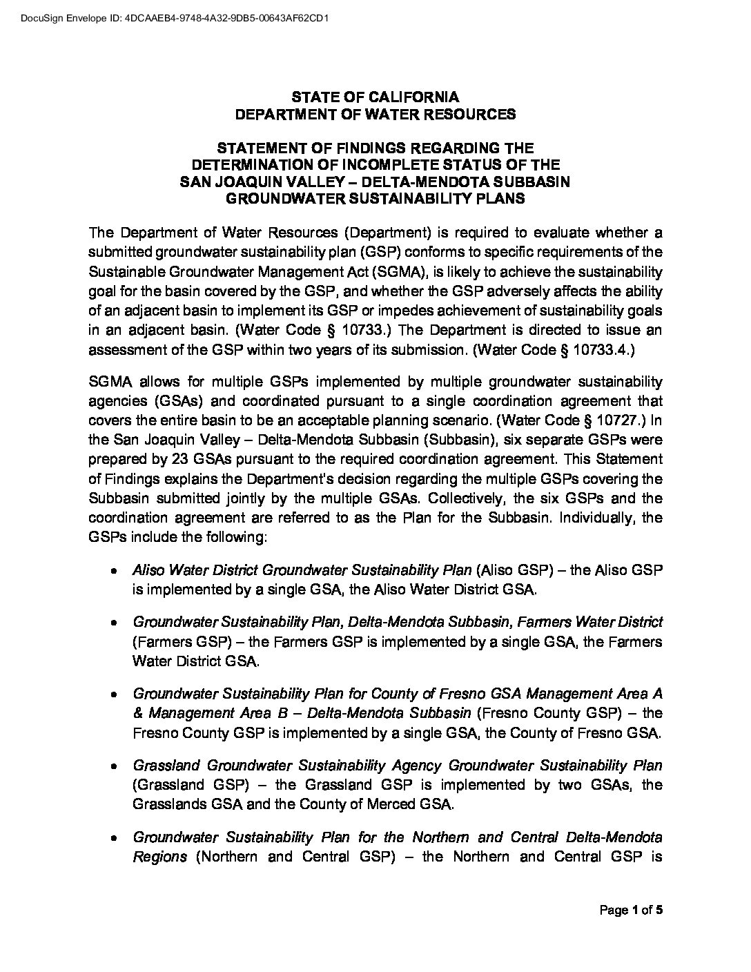 Statement of Findings regarding the Determination of Incomplete Status of the San Joaquin Valley – Delta-Mendota Subbasin Groundwater Sustainability Plans