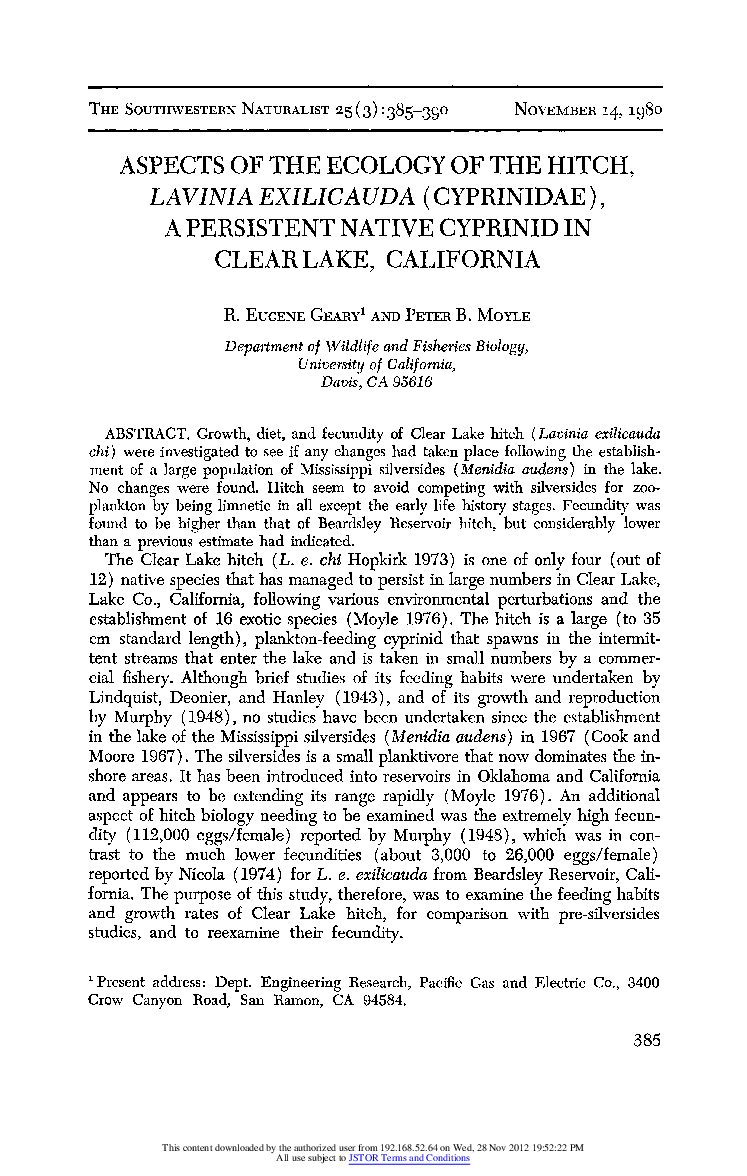 Aspects of the Ecology of the Hitch, Lavinia Exilicauda (Cyprinidae), A Persistent Native Cyprinid in Clear Lake, California
