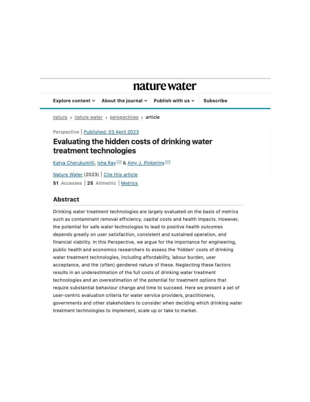 Evaluating the hidden costs of drinking water treatment technologies