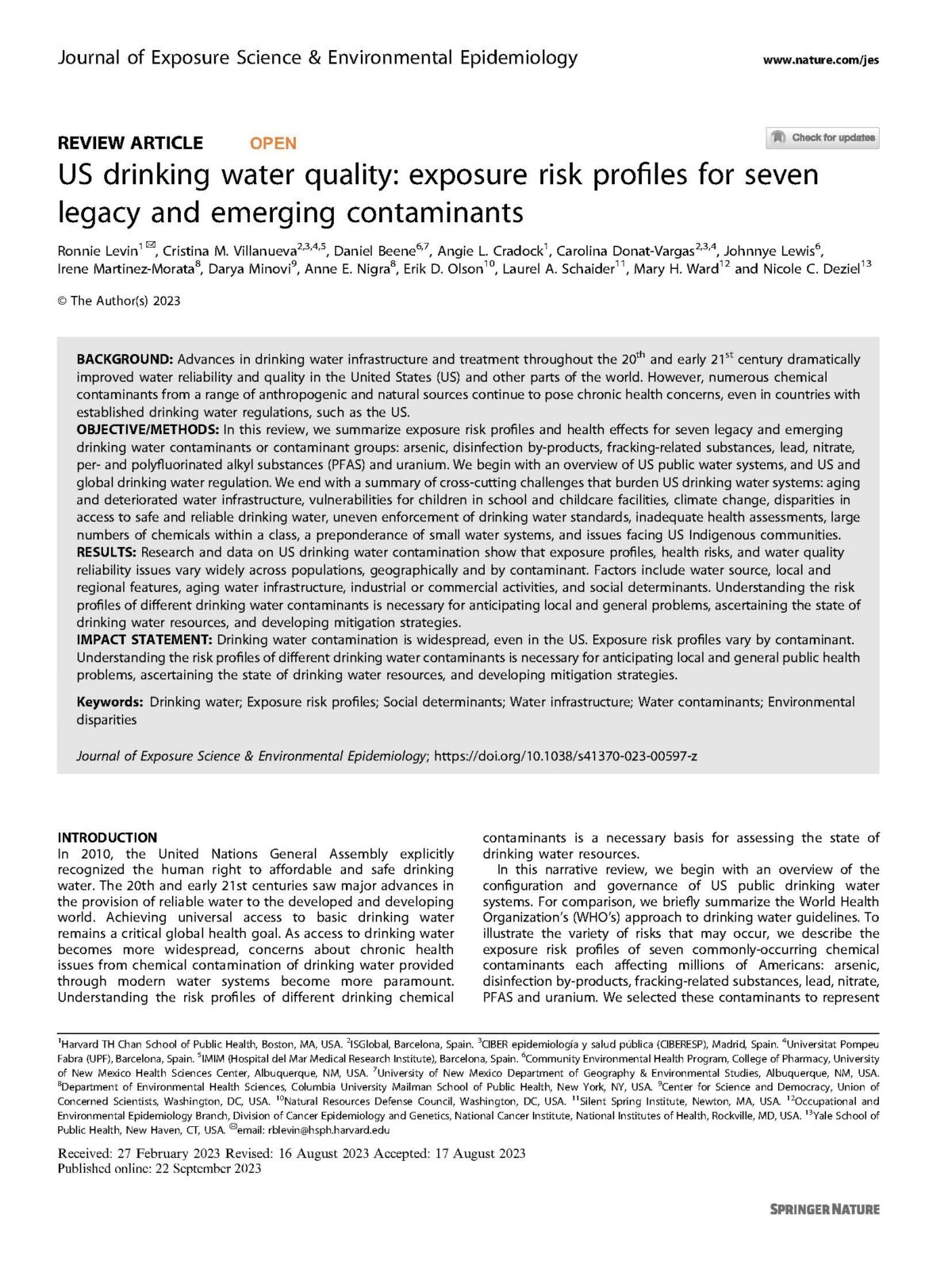 US drinking water quality: exposure risk profiles for seven legacy and emerging contaminants