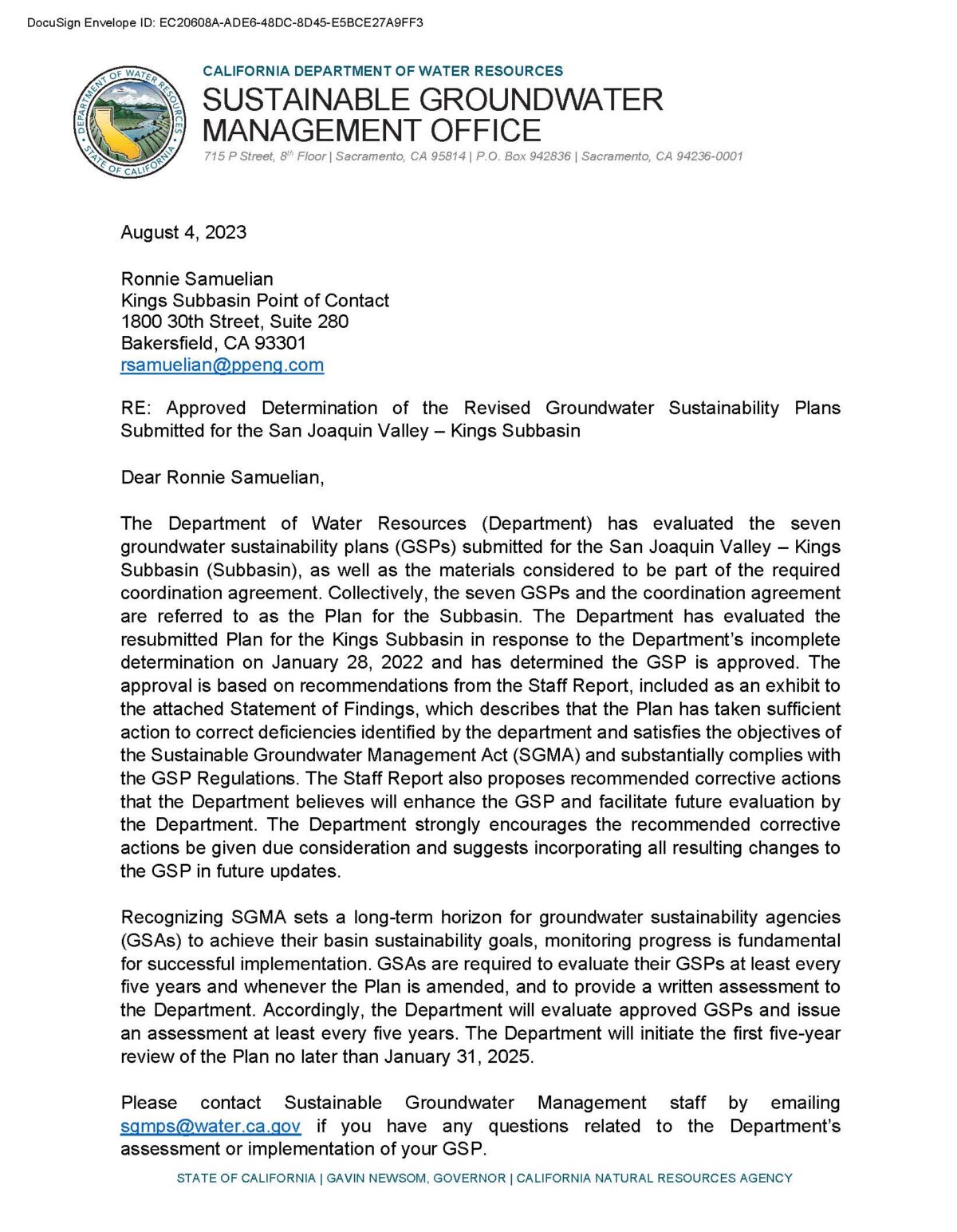 Statement of Findings regarding the Approval of the San Joaquin Valley – Kings Subbasin Groundwater Sustainability Plan