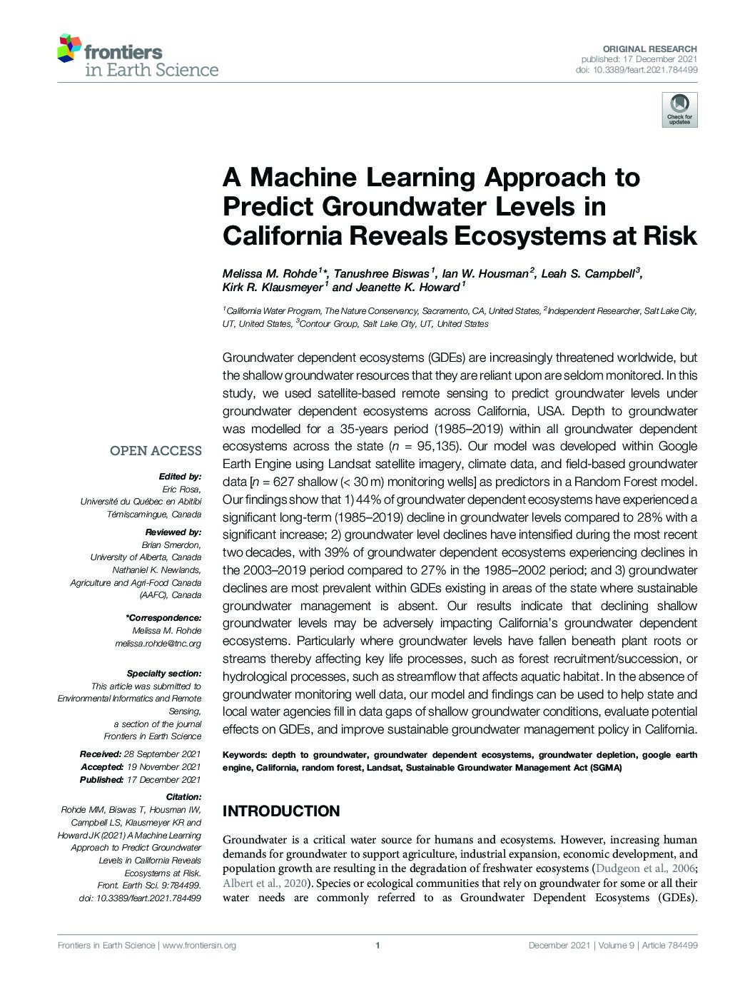 A Machine Learning Approach to Predict Groundwater Levels in California Reveals Ecosystems at Risk