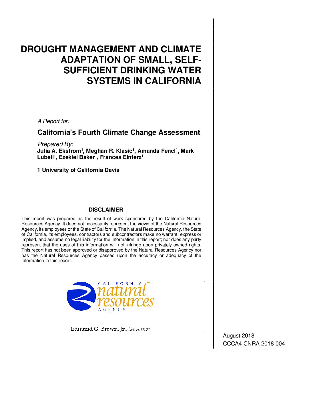 Drought Management and Climate Adaptation of Small, Self-Sufficient Drinking Water Systems in California