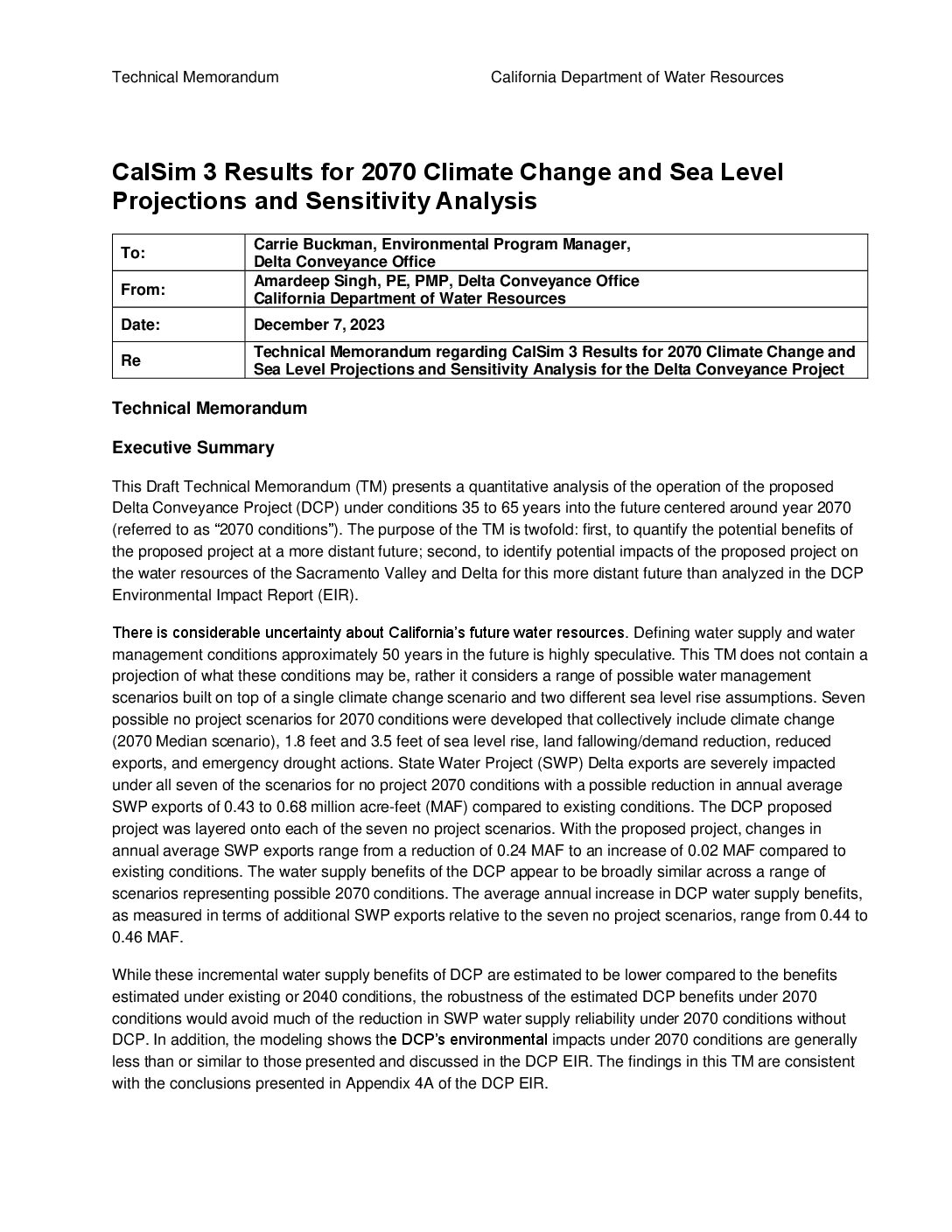 CalSim 3 Results for 2070 Climate Change and Sea Level Projections and Sensitivity Analysis